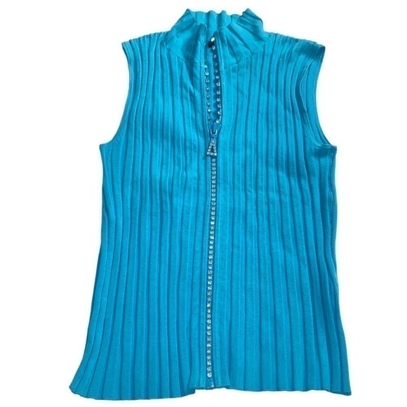 VINTAGE Y2K FONTANA DIAMOND ZIP FRONT TEAL RIBBED TANK - Picture 1 of 6